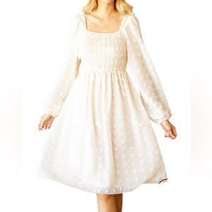 MIKAROSE Ivory Smocked Chiffon Dress Swiss Dot Boutique New With Tags Size Large